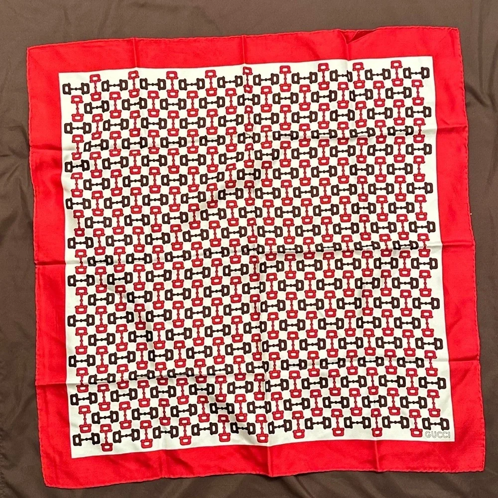 COPY - Gucci Large Scarf horsebit pattern Red Beige 60x60cm Silk Vintage